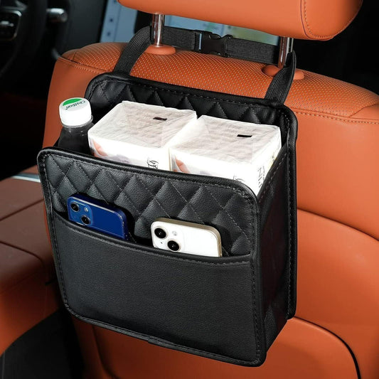 Black leather car seat organizer hanging on orange headrest with drinks, tissue boxes, and smartphones