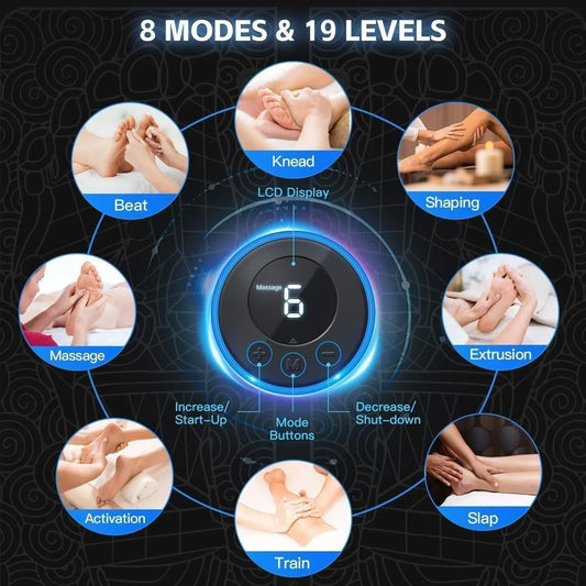 Foot massage modes including knead, shaping, extrusion with LCD display and control buttons