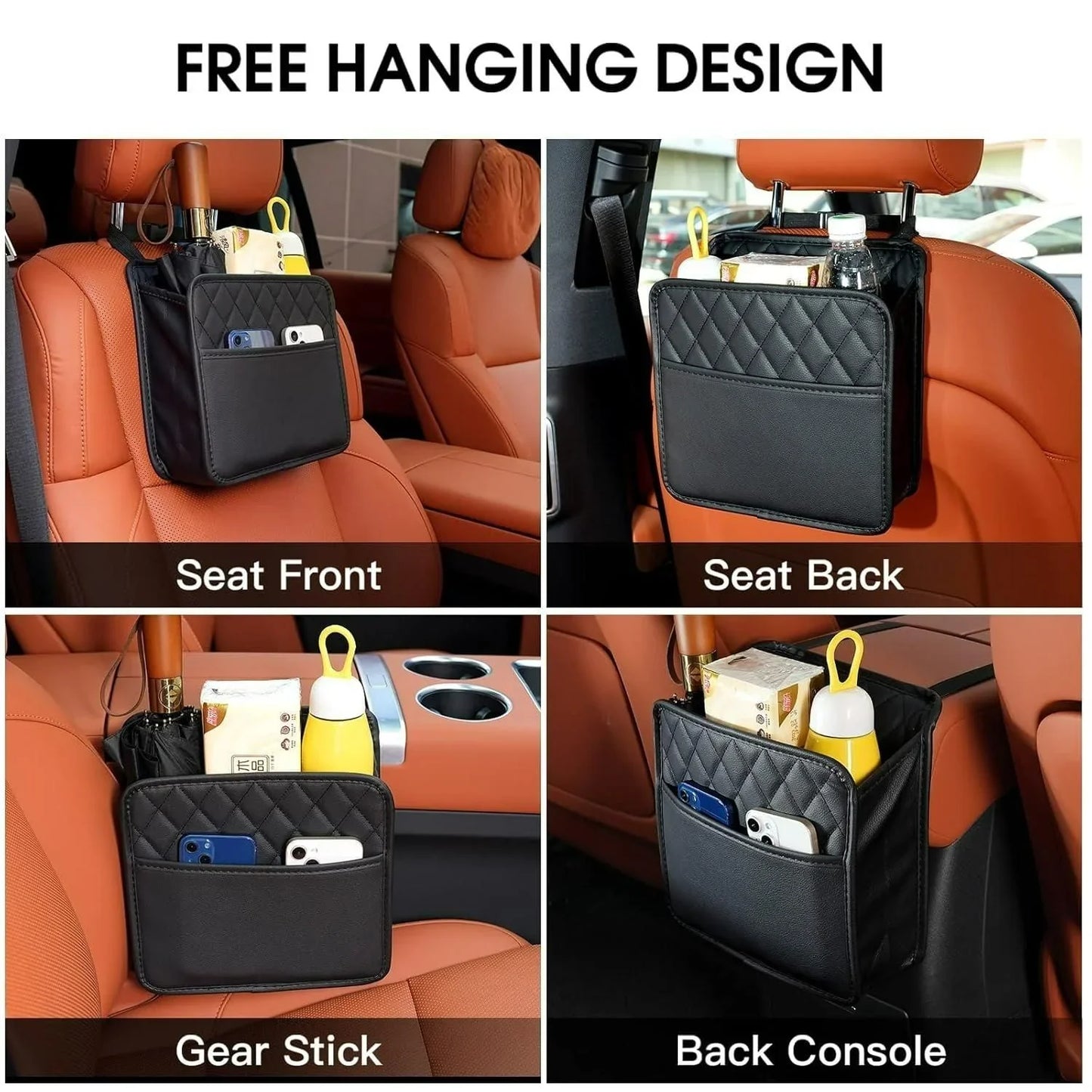 Black quilted car seat storage organizer hanging on brown leather seats and console with phones, bottles, and snacks