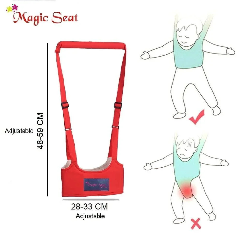 Adjustable red Magic Seat baby walking harness with comfortable support and correct usage illustration