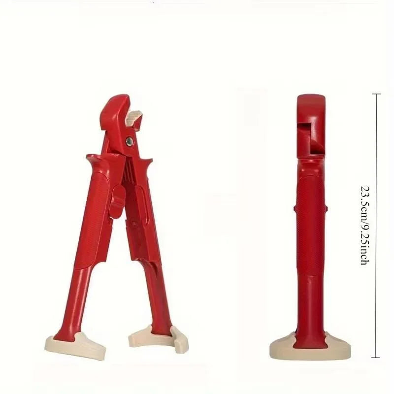 Red plastic tile leveling tool with beige foot pads, measuring 23.5 cm, shown open and closed