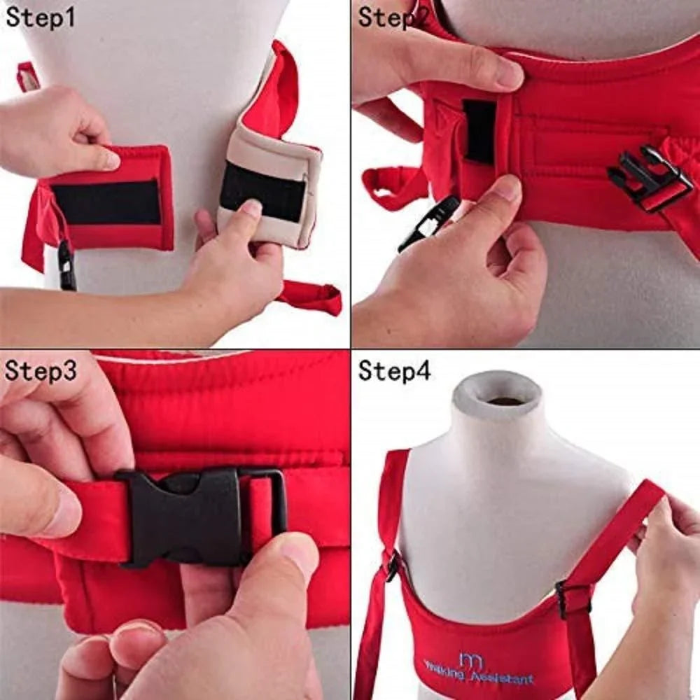 Step-by-step red baby carrier harness being fastened on mannequin torso with adjustable straps and buckles