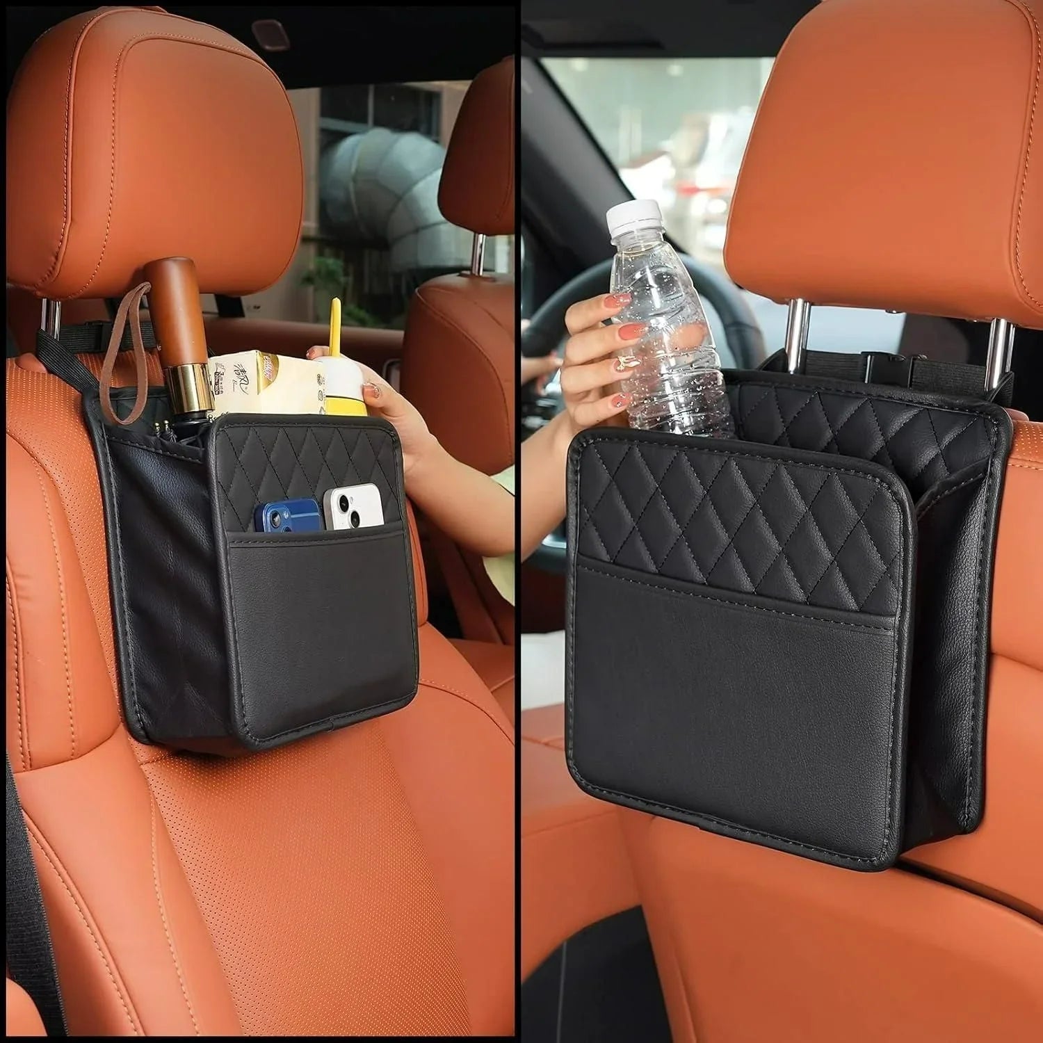 Black quilted leather car seat organizer with pockets holding drinks, phones, and an umbrella