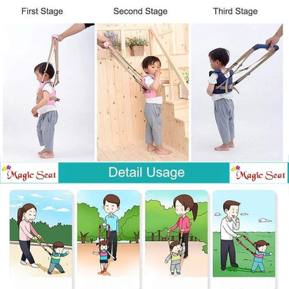 Toddler walking harness in three stages with child safety straps, used by parents during outdoor walking