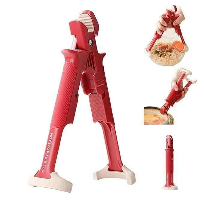 Red HotStop MultiTool kitchen grabber and pot holder with silicone grips, used for handling hot cookware and food