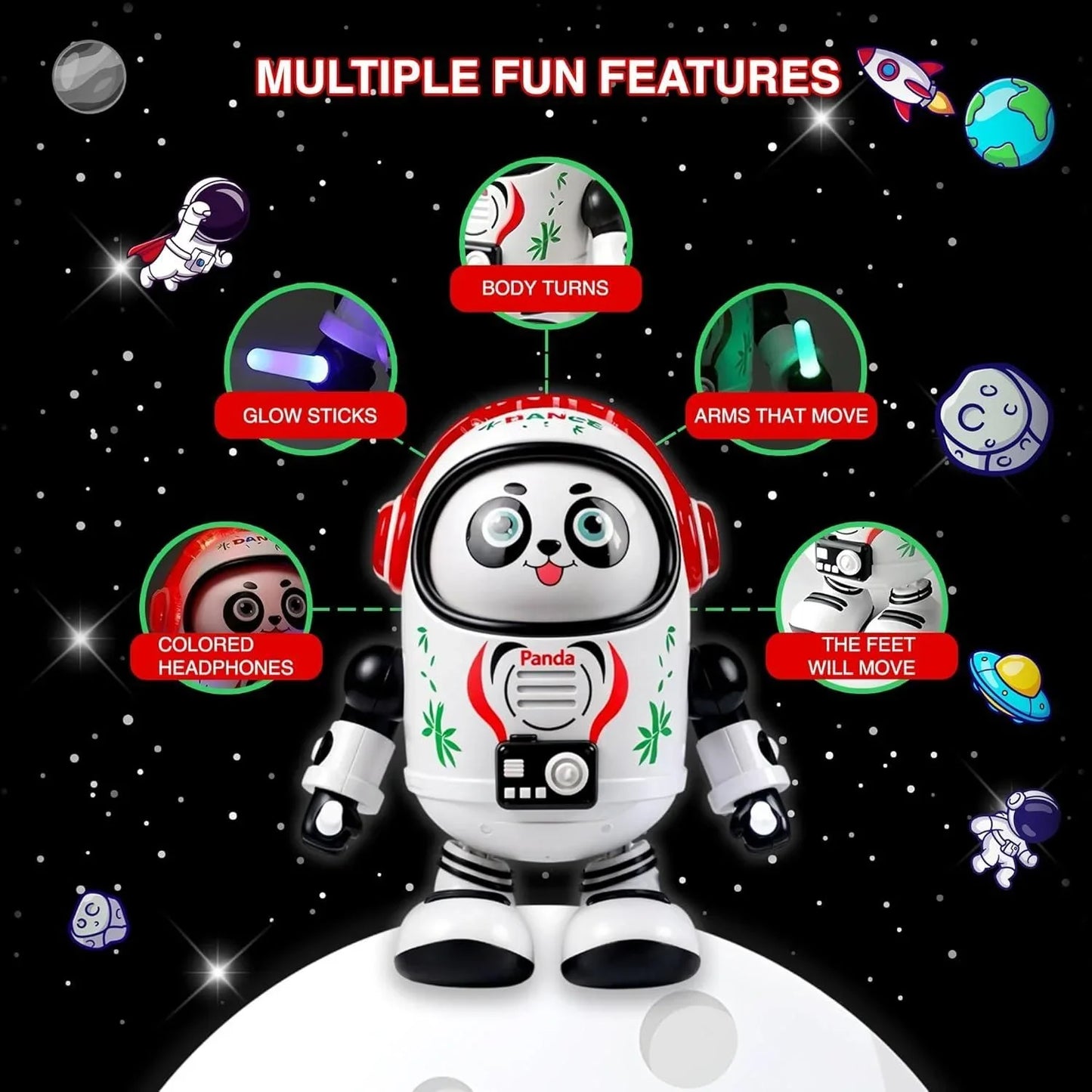 Panda robot toy on moon with glow sticks, colored headphones, moving arms, feet, and rotating body