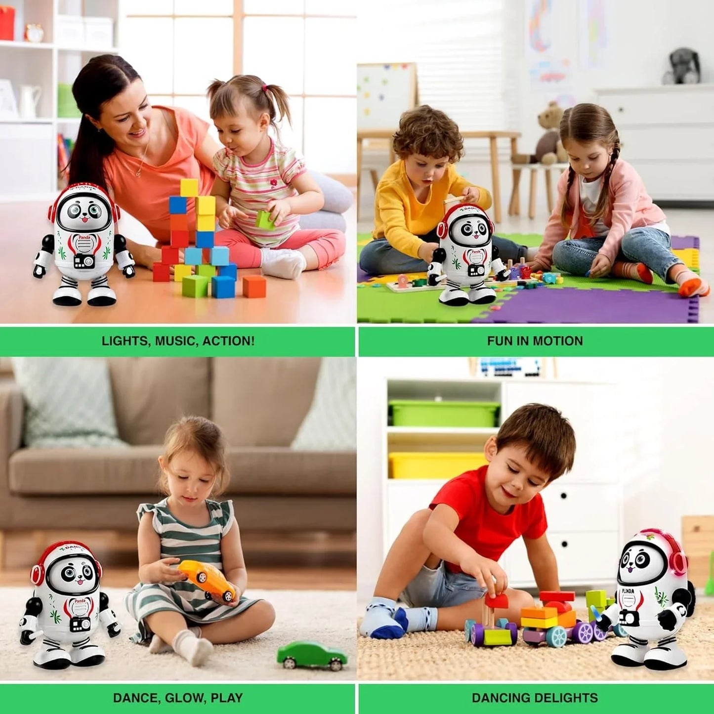 Children playing with colorful blocks and toy cars alongside a dancing panda robot toy in bright rooms