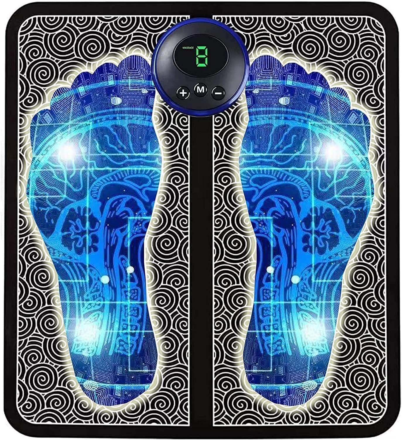 Digital foot massager pad with blue reflexology points and control panel on black and white spiral background
