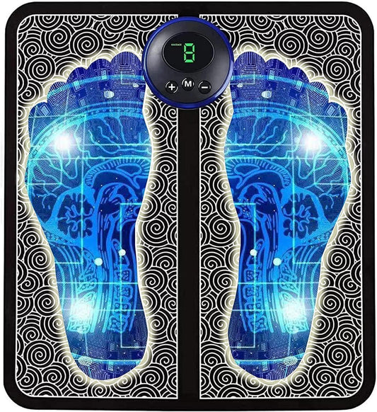 Digital foot massager pad with blue reflexology points and control panel on black and white spiral background