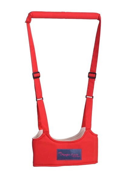 Red fabric baby walking assistant harness with adjustable straps and padded seat