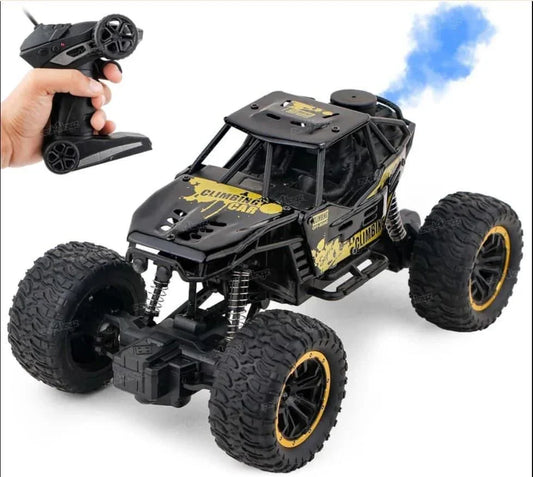 Black remote control climbing car with large rugged tires and blue smoke effect