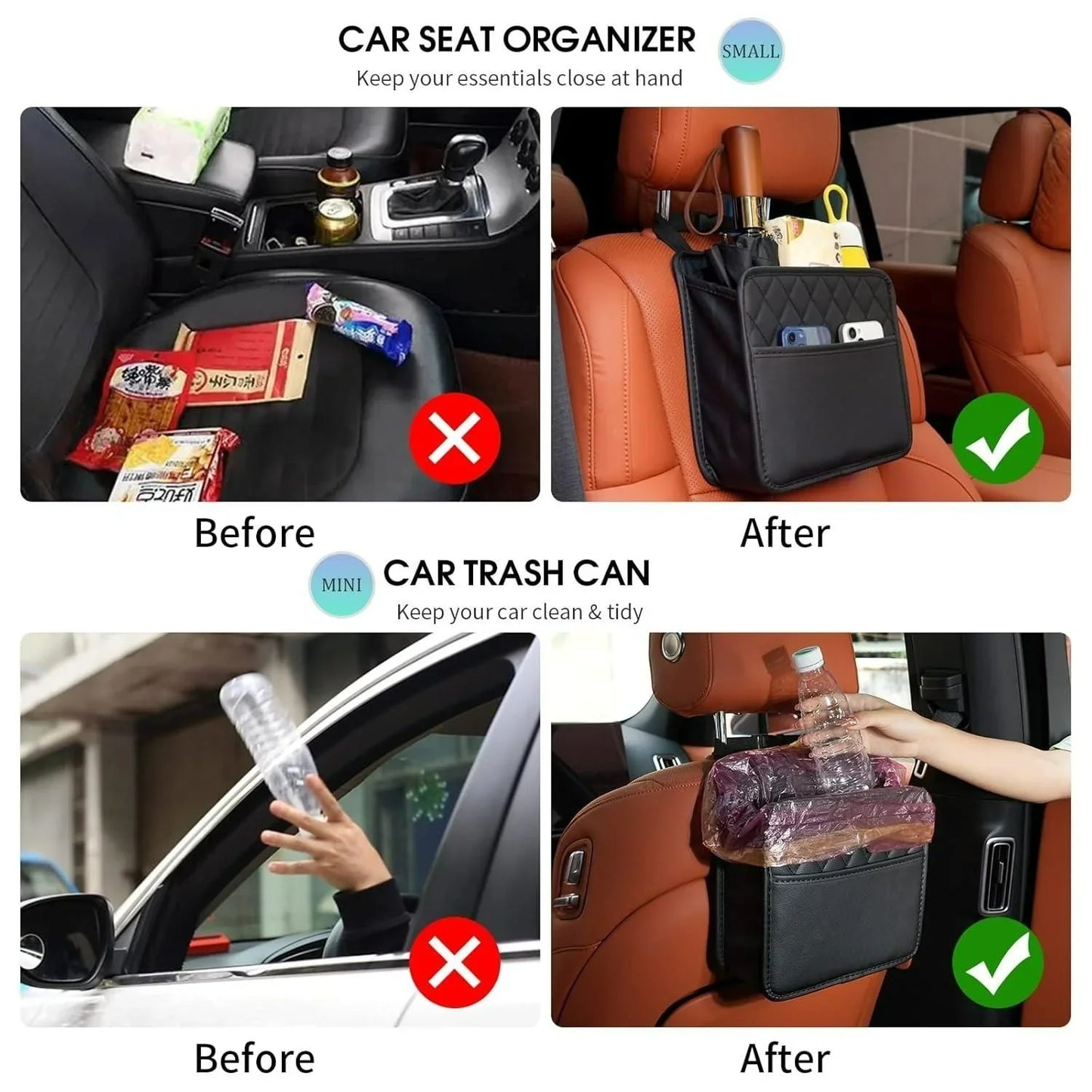 Car seat organizer and mini trash can before and after use in orange leather car seats for clean car storage
