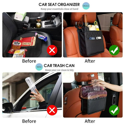 Car seat organizer and mini trash can before and after use in orange leather car seats for clean car storage