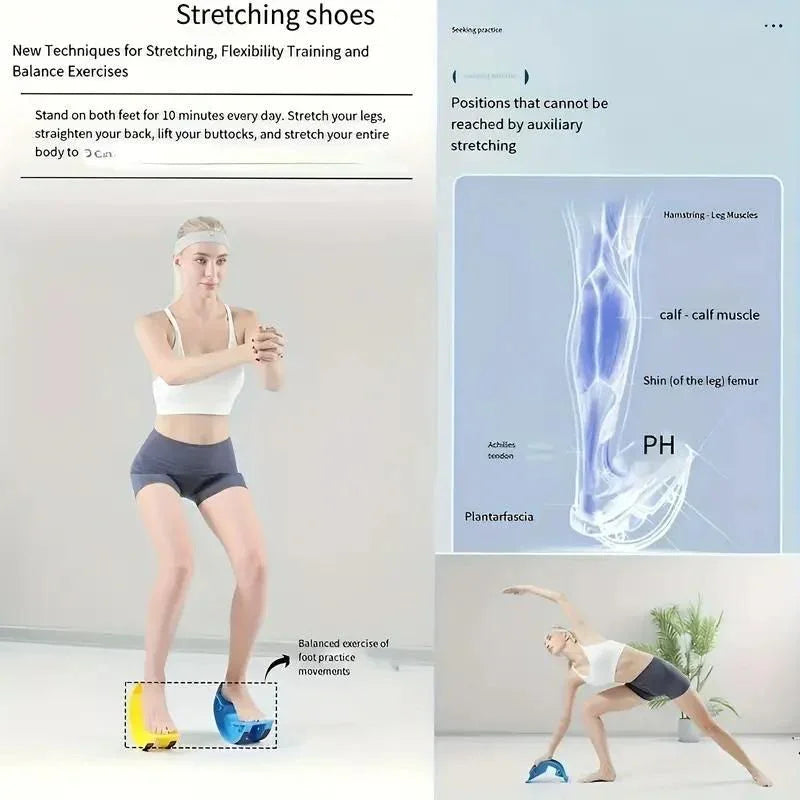 Woman performing stretching exercises with colorful balance shoes, anatomical leg muscle diagram with labels