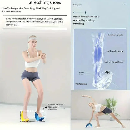 Woman performing stretching exercises with colorful balance shoes, anatomical leg muscle diagram with labels