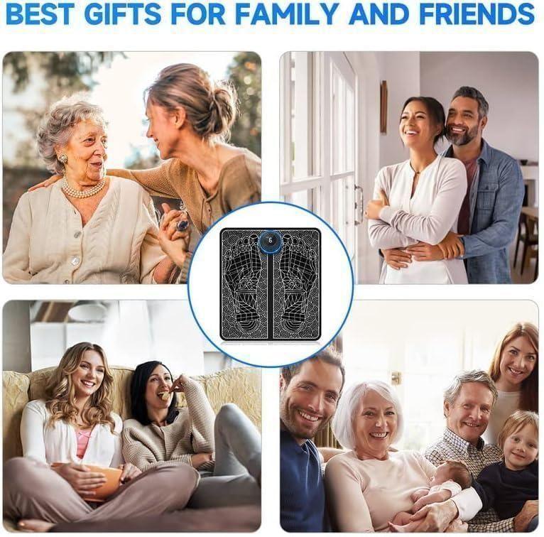 Collage of happy family and friends with gift idea of electrical foot massager for all ages