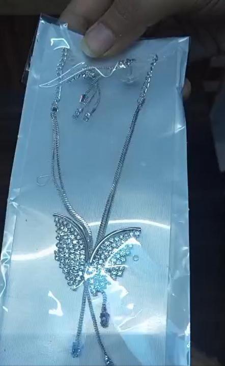silver butterfly pendant necklace with chain and matching earrings in clear plastic packaging