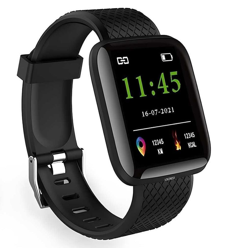 Side view of ID116 Plus color screen smartwatch showing curved rectangular dial and soft black strap.