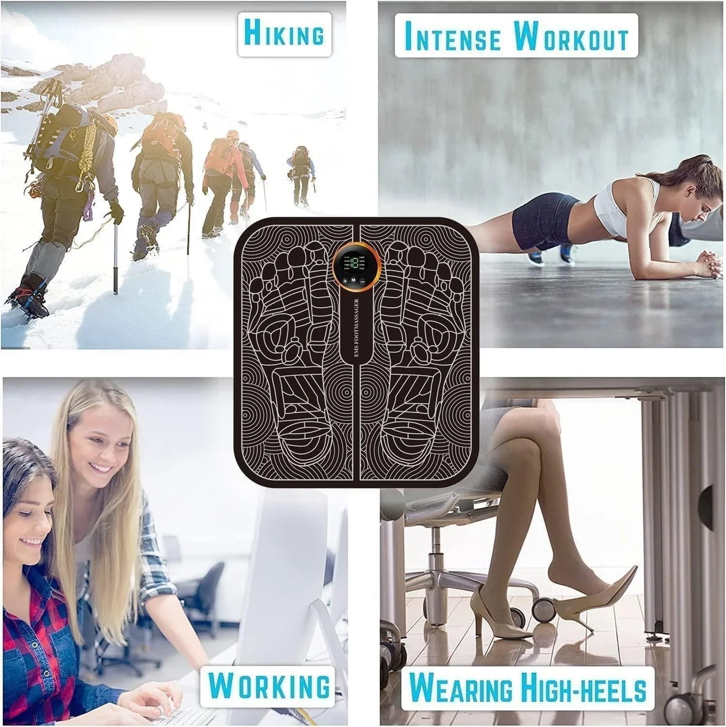 EMS foot massager with images of hiking, intense workout, working, and wearing high heels use cases