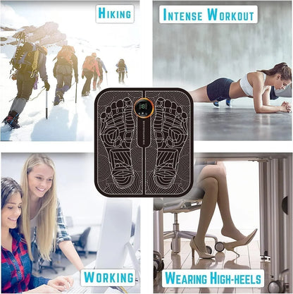 EMS foot massager with images of hiking, intense workout, working, and wearing high heels use cases