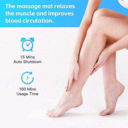 Woman touching smooth legs next to text about massage mat relaxing muscles and improving blood circulation
