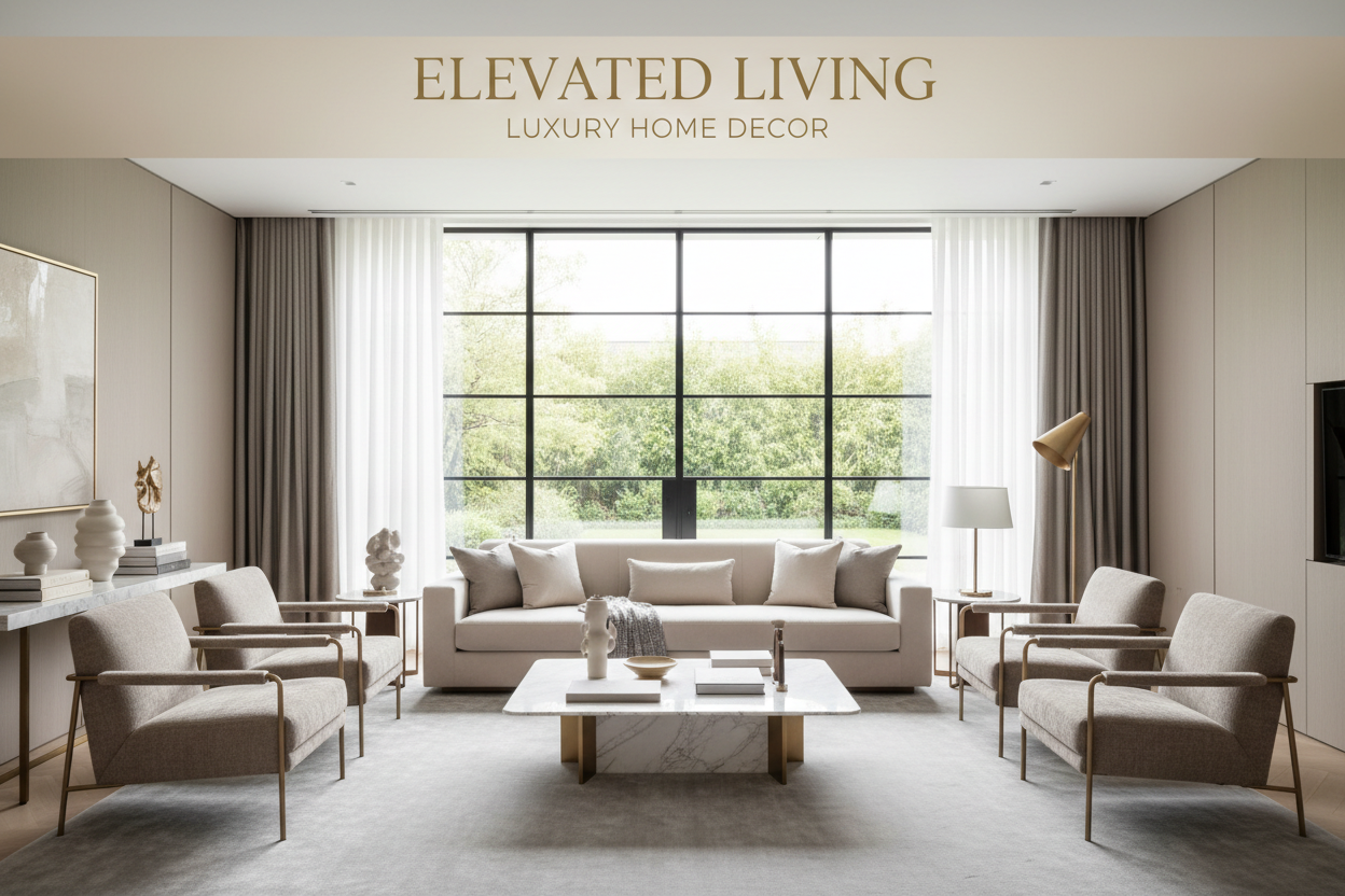 Luxury interior design modern home living room designer furniture elegant neutral tones aesthetic professional home decor banner 1920x1080