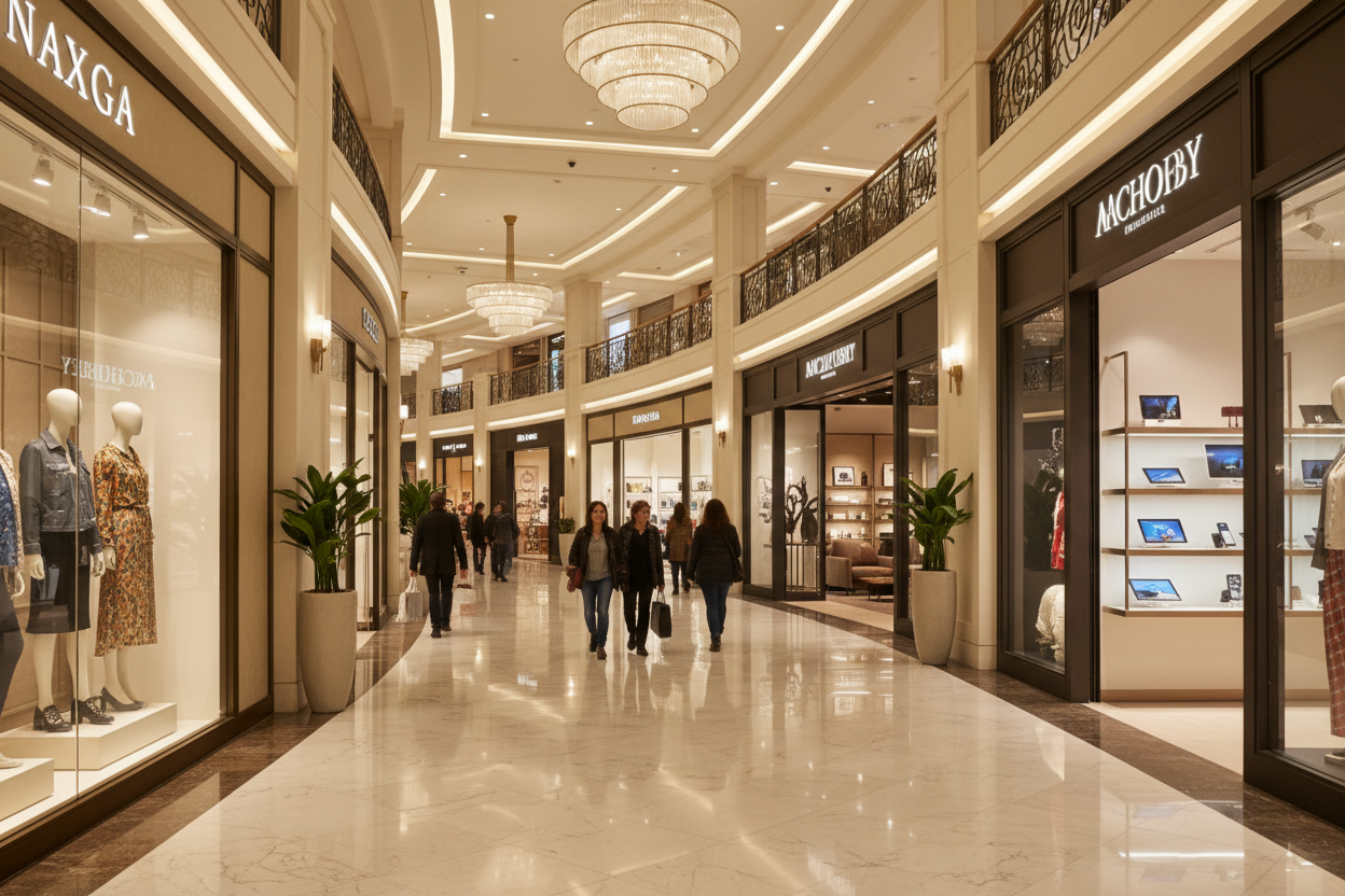 Premium lifestyle shopping experience luxury retail mall interior diverse products fashion electronics home fashion aspirational professional banner 1920x1080