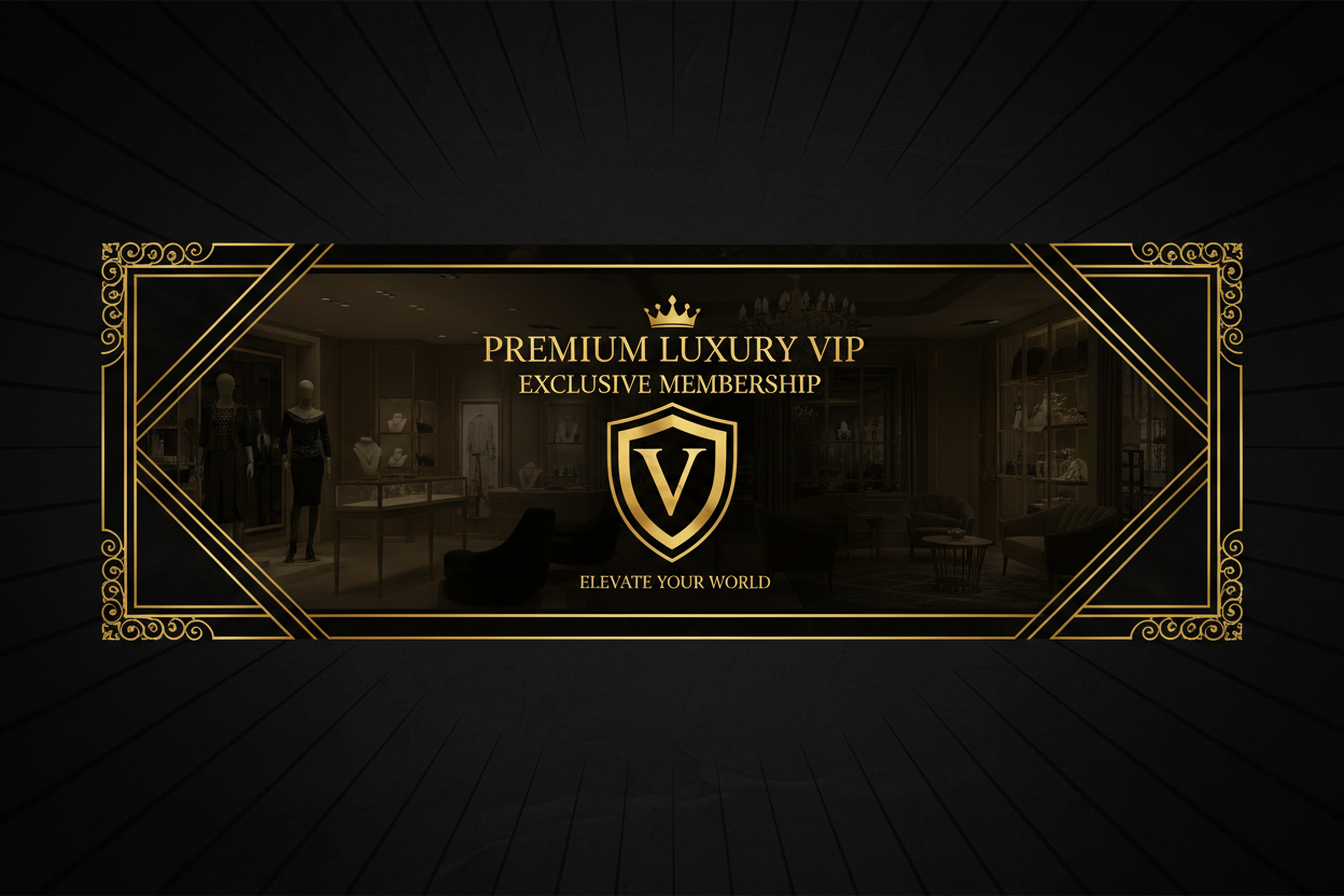 Premium luxury VIP exclusive membership experience, elegant gold and black aesthetic, sophisticated high-end retail environment, professional banner, exclusive membership concept, upscale, 1920x1080