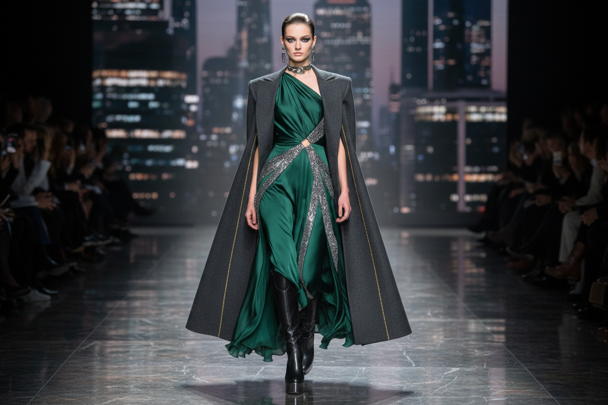 Professional fashion editorial luxury runway model wearing designer collection, elegant upscale clothing, modern stylish aesthetic, high-end fashion photography, premium banner, 1920x1080