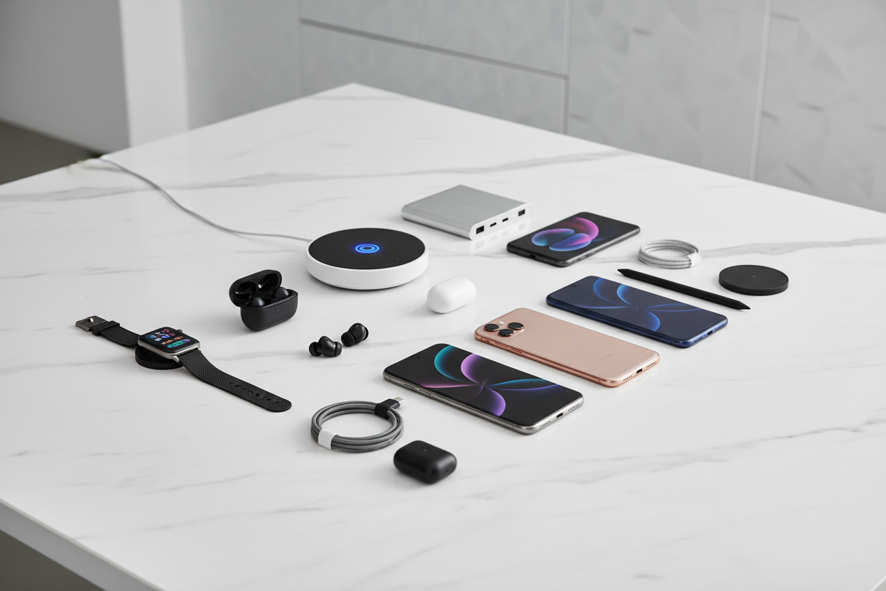 Professional tech gadgets and accessories display, smart home devices, wireless earbuds, smartwatch, mobile phones, tech accessories on modern white desk with minimalist design, innovation and cutting-edge technology, premium electronic gadgets showcase, 1920x1080 high resolution